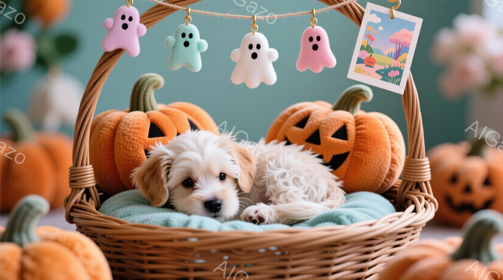 籠の中にふわふわのクリーム色のパピーが丸まって眠っています。背景にはオレンジ色のジャック・オー・ランタンの置物や、可愛らしいお化けの飾り付けがあり、全体的に温かくハロウィーンらしい雰囲気です。パピーはリラックスした表情で、柔らかいターコイズ色の毛布の上で安らかに眠っています。