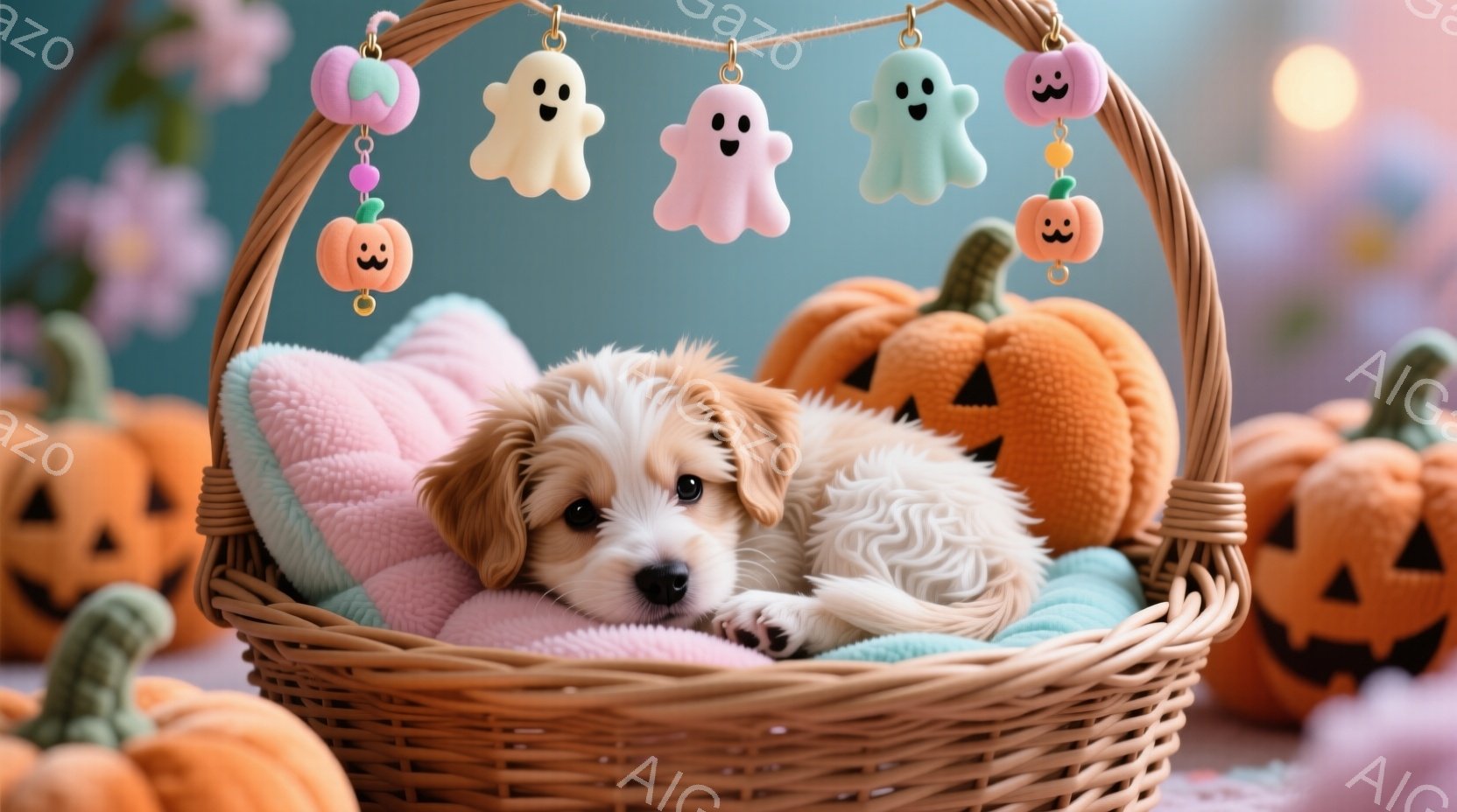 柔らかい茶色のバスケットの中に、ふわふわのクリーム色のパピーが丸まって眠っています。周りにはオレンジ色のジャック・オ・ランタンと、ピンクや水色の可愛らしいお化けの飾りがあり、ハロウィーンの雰囲気を醸し出しています。全体的にパステルカラーで柔らかい光が差し込み、暖かく優しい雰囲気が漂っています。