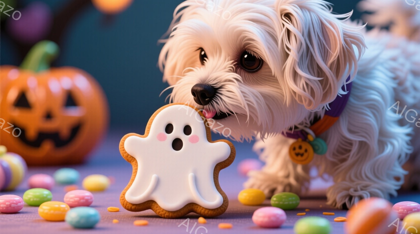 白い毛並みの犬が、ハロウィーンをテーマにしたクッキー（お化けの形）を口にくわえています。背景には、カラフルなキャンディが散らばり、オレンジ色のジャック・オ・ランタンが見え、ハロウィーンらしい楽しげな雰 - AI生成フリー素材