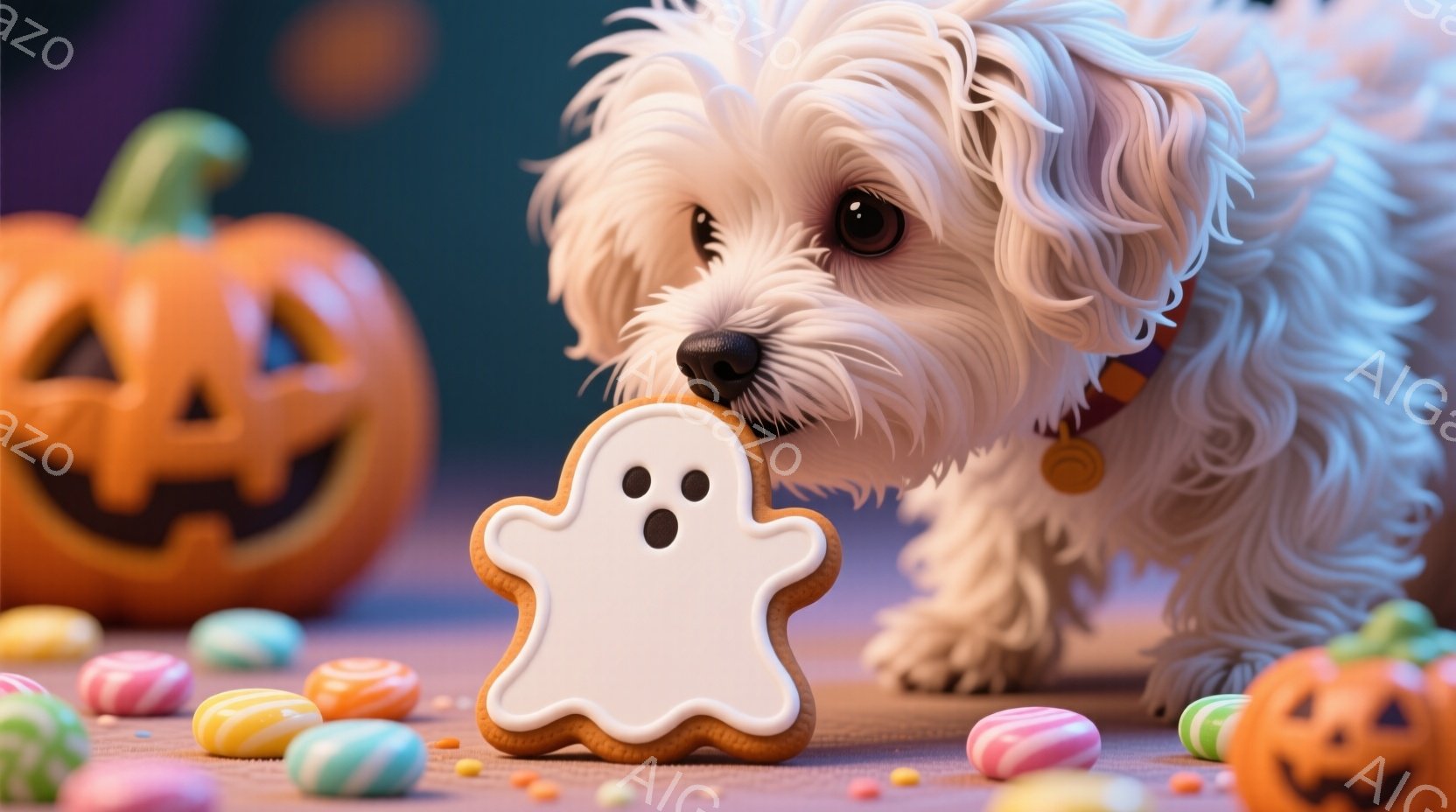 白い毛並みの小型犬が、ハロウィーンをテーマにしたクッキー（お化けの形）に鼻先を近づけています。背景には、オレンジ色のジャック・オー・ランタンと色とりどりのキャンディーが散らばっており、ハロウィーンの楽 - AI生成フリー素材