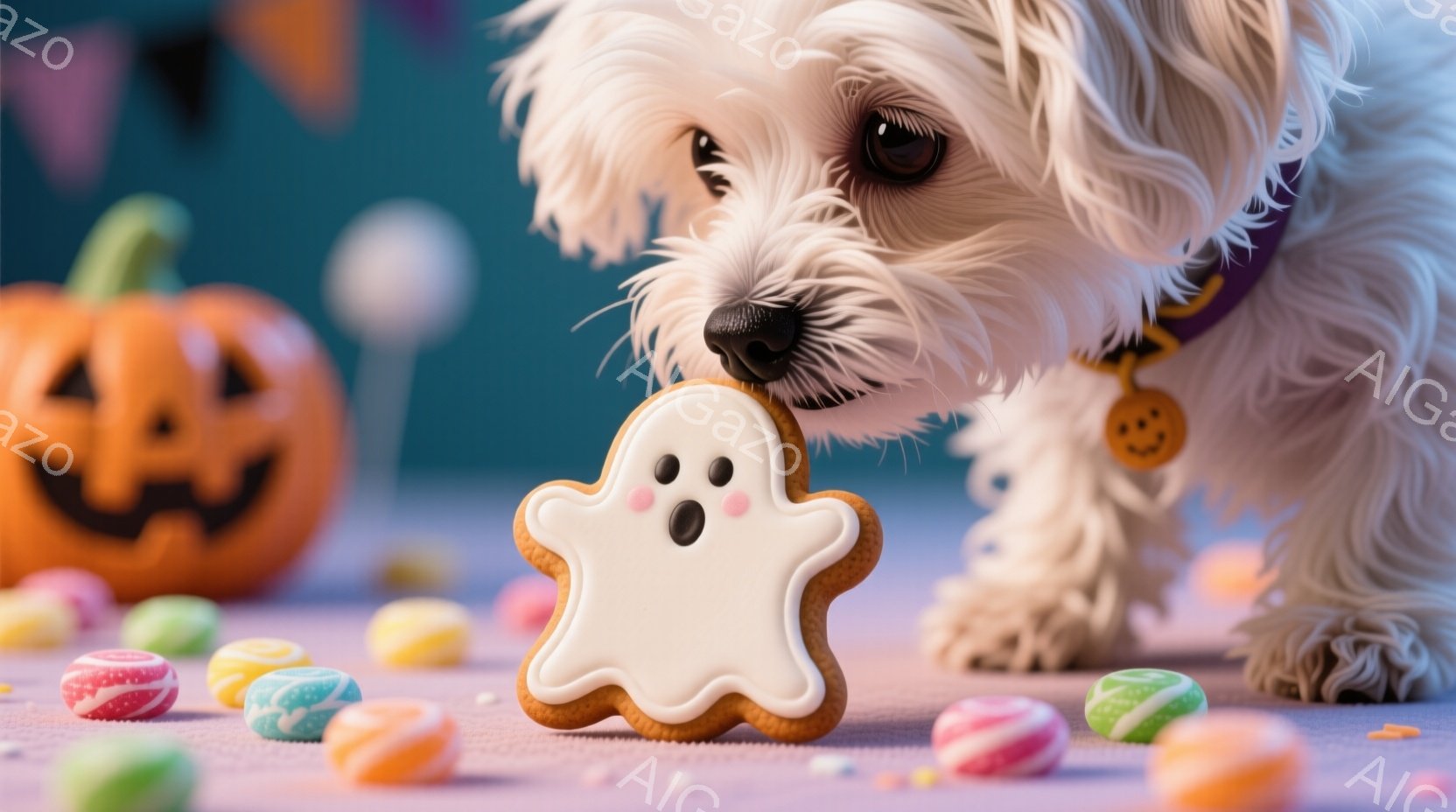 白い毛並みの小型犬が、ハロウィーンらしいお化けのクッキーに鼻を近づけています。背景には、かぼちゃのランタンやカラフルなキャンディーが散りばめられており、紫色の背景がハロウィーンの雰囲気を盛り上げています。犬は紫色の首輪をつけ、少し好奇心旺盛な表情でクッキーを見つめています。