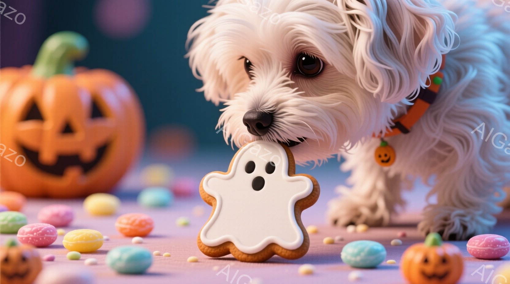 白い毛並みの小型犬が、ハロウィーンのクッキー（お化けの形）を口元に近づけています。背景には、オレンジ色のジャック・オ・ランタンとカラフルなキャンディーが散りばめられており、紫色の床の上に配置されています。全体的に、明るく可愛らしいハロウィーンの雰囲気を醸し出しています。