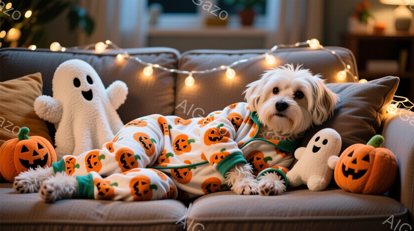 ホームベースの写真です。中央に位置する小型犬が主要な対象です。その犬は、ピンクとブラックのカイロを施しており、周りにはハロウィンの装飾が整っています。