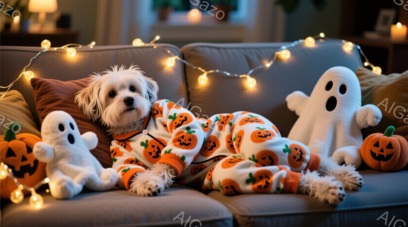 白い毛並みの小型犬が、オレンジと白のハロウィン柄のブランケットに包まれてソファに横たわっています。周りには白いお化けのぬいぐるみとカボチャのぬいぐるみが置かれ、温かみのある光が室内を照らしています。ハロウィンの装飾と犬の穏やかな表情が、リラックスした、お祝いの雰囲気を醸し出しています。