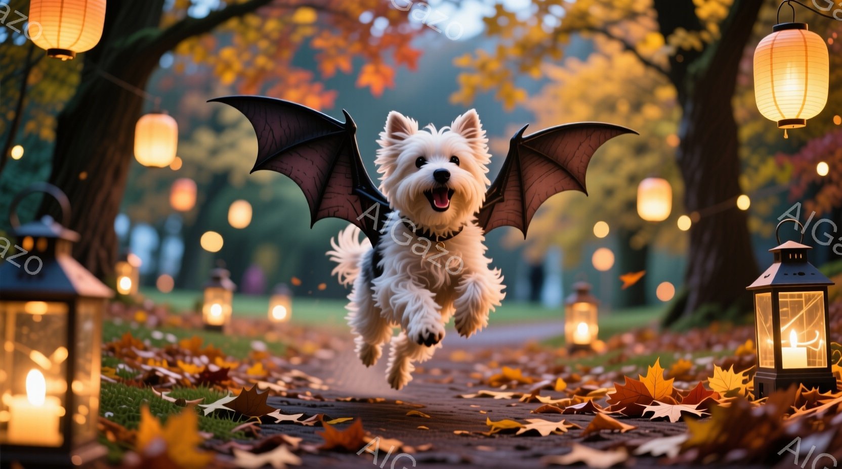 白いテリア犬が、まるでバットマンのように翼を付けて、落ち葉が散らばる道を軽快に走り去っている。背景にはハロウィーンのランタンが灯り、秋の森の暖かく幻想的な雰囲気を醸し出している。犬の表情は嬉しそうで、活気に満ちた様子が伝わってくる。