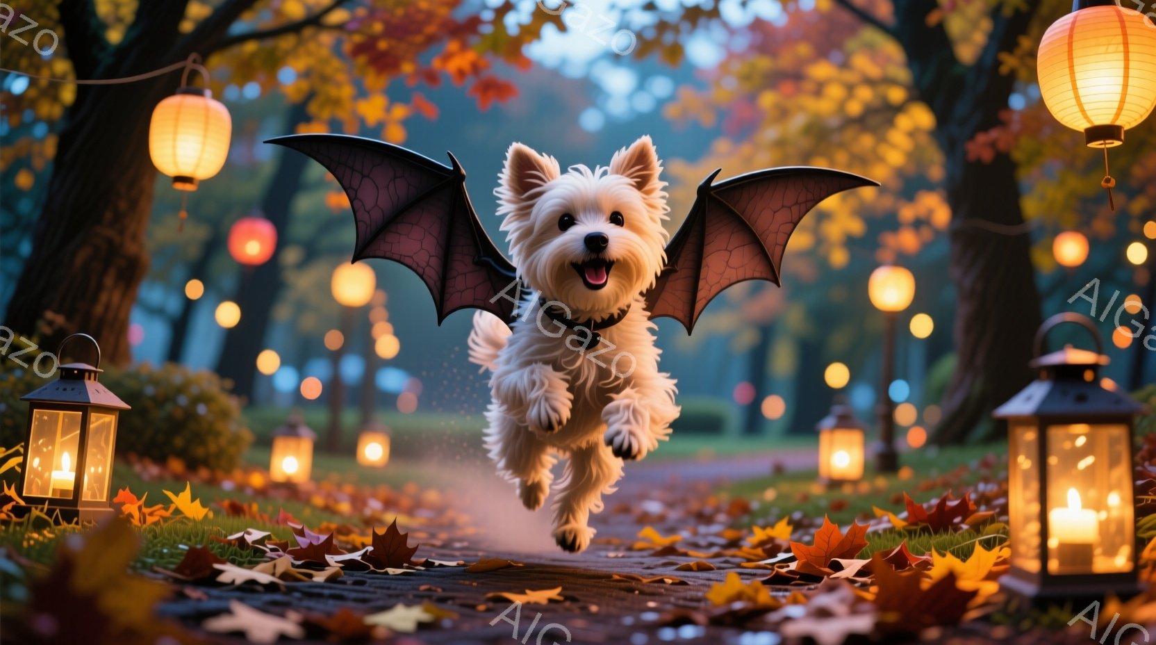 白い毛並みの小型犬が、ハロウィーン風の黒い翼を付けて、落ち葉が散る道を駆けている。背景にはぼんやりと木々が見え、暖かい光を放つ提灯やランタンが並び、秋の夜の穏やかで幻想的な雰囲気を醸し出している。犬は口を開けて楽しそうに走り、生き生きとした表情が印象的だ。