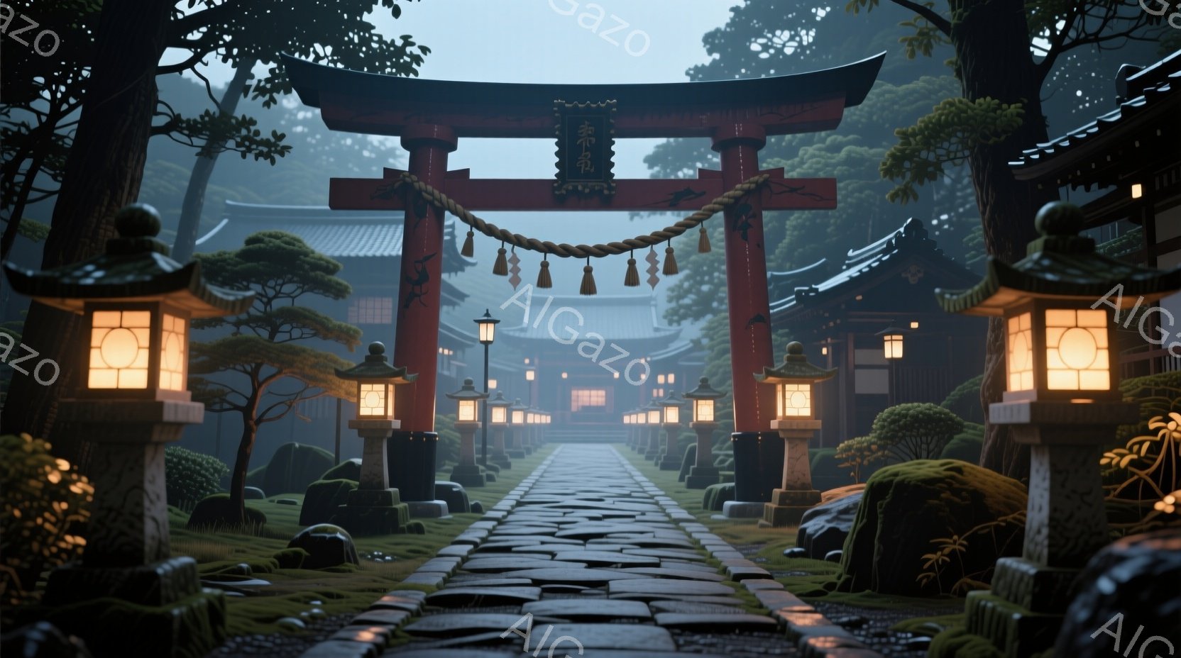 霧に包まれた参道が、朱色の鳥居へと続いています。両脇には石灯籠が灯り、緑豊かな庭園と、瓦屋根の伝統的な建物が静かに佇んでいます。全体的に厳かで神秘的な雰囲気が漂い、雨上がりの湿った空気が感じられます。