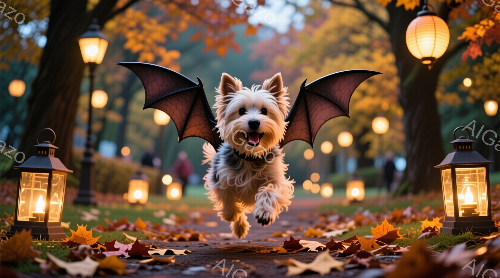 白いテリア犬が、まるで空を飛んでいるかのように、公園の遊歩道を勢いよく駆けている。犬はハロウィーンを思わせるコウモリの翼を身に着け、楽しげな表情で口を開けている。背景には、黄色の落ち葉が散りばめられた - AI生成フリー素材
