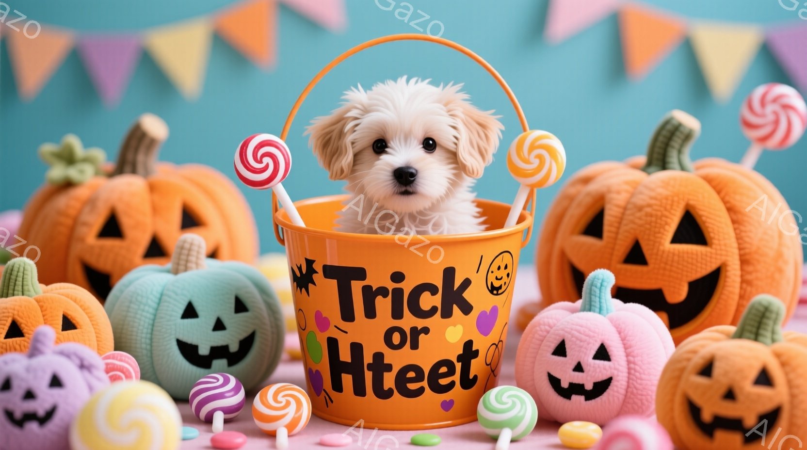 オレンジ色の背景に、たくさんのハロウィーンの飾り付けが並んでいます。ふわふわの白い子犬が「Trick or Treat」と書かれたオレンジ色のバケツの中に座っており、周囲にはカボチャのランタンやキャン - AI生成フリー素材