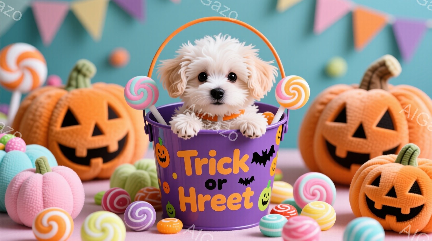 紫色の「Trick or Treat」と書かれたバケツの中に、ふわふわの白い子犬がちょこんと座っています。周りにはオレンジ、ピンク、緑色のハロウィーンの飾りやキャンディーが散りばめられ、お祝いムードを - AI生成フリー素材