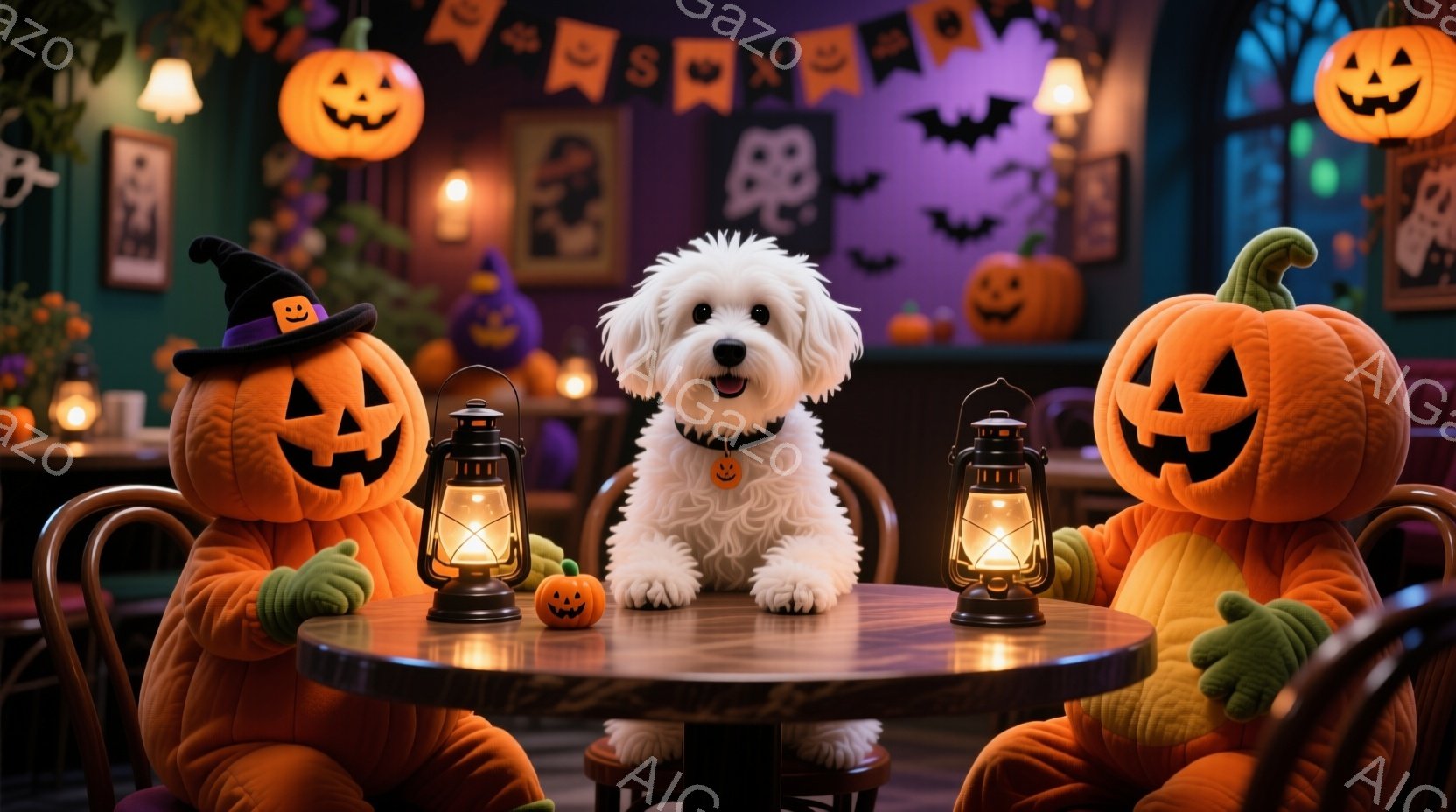 ハロウィーンをテーマにした画像で、大きなカボチャの着ぐるみを着た2人の人物と、中央に座った白い犬が描かれています。テーブルの上には、点灯したランタンと小さなカボチャの置物が置かれ、背景にはハロウィーン - AI生成フリー素材