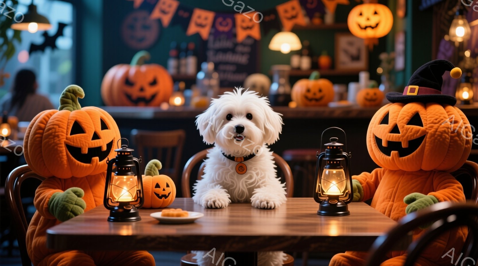 白い犬が、ハロウィーンの装飾がされたテーブルの中央に座っており、オレンジ色のカボチャのコスチュームを着た人形が両脇に配置されている。テーブルの上には小さなカボチャの置物と、点灯したランタンが置かれ、ハ - AI生成フリー素材