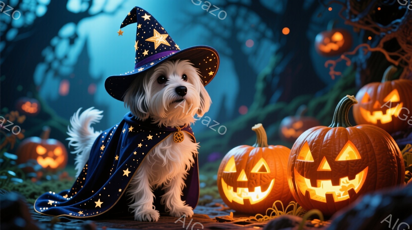 白い毛並みの犬が、星柄のケープと魔女帽子を身につけて座っています。表情は穏やかで、可愛らしい姿が印象的です。背景には、ハロウィーンの夜を象徴するような、たくさんのジャック・オー・ランタンが灯っており、 - AI生成フリー素材
