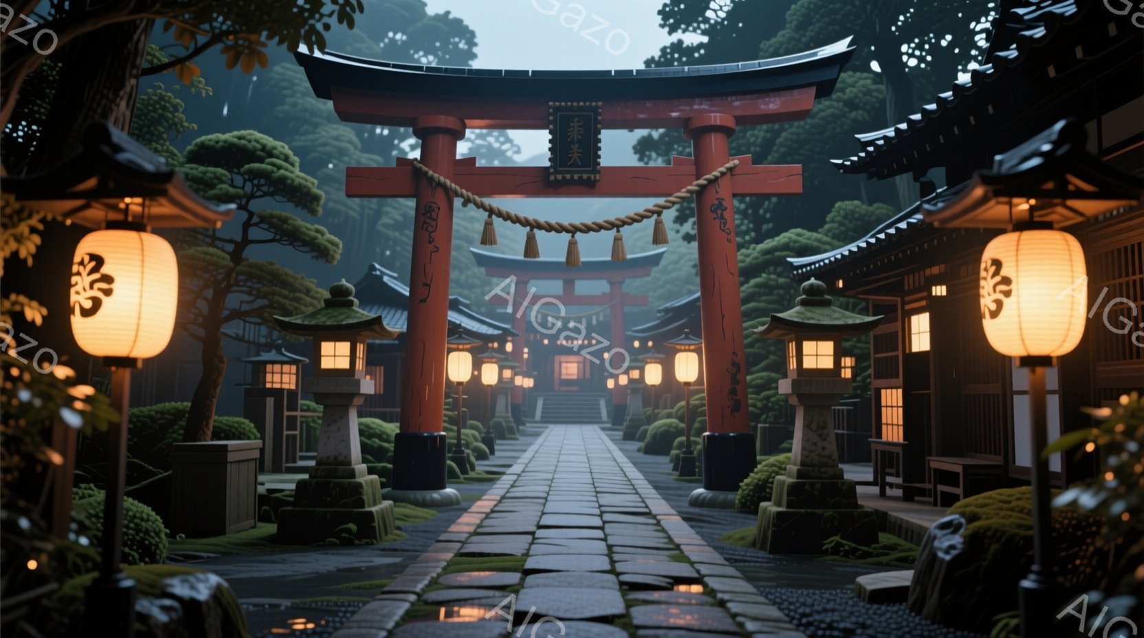 鮮やかな朱色の鳥居が立ち並び、石畳の道が奥へと続いています。両脇には提灯が灯り、手入れの行き届いた庭園と伝統的な建物が並び、霧がかった夜の静謐な雰囲気を醸し出しています。全体的に落ち着いた色調で、日本 - AI生成フリー素材