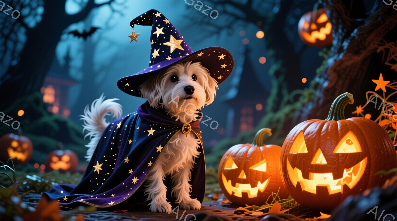 白い毛並みの犬が、星が散りばめられた紫色の魔法使いの衣装と帽子を身に着けています。犬はまっすぐ前を見ており、少し好奇心と楽しそうな表情を浮かべています。背景には、ジャック・オー・ランタンが灯る暗い森が - AI生成フリー素材