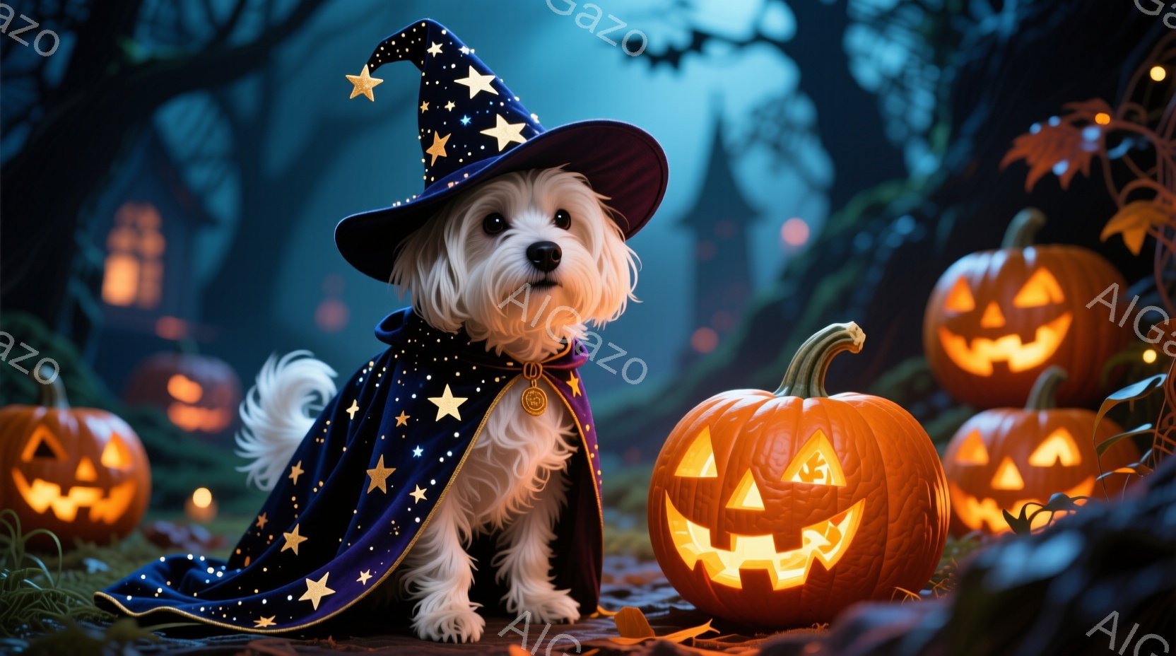 白い毛並みの犬が、星が散りばめられた濃い青色のマントと、先が尖った魔女帽子を身につけて座っています。背景には、ハロウィーンの装飾であるジャック・オー・ランタンや、シルエットの建物、暗い森が広がっており - AI生成フリー素材