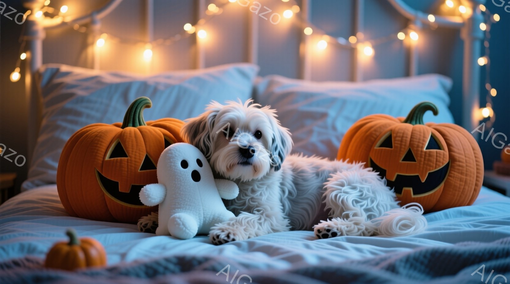 白い毛並みの犬がベッドに横たわり、ハロウィーンの象徴であるジャック・オ・ランタンのぬいぐるみとゴーストのぬいぐるみと寄り添っています。ベッドはクリーム色のシーツと枕で覆われ、背景には暖色の光が点在する - AI生成フリー素材
