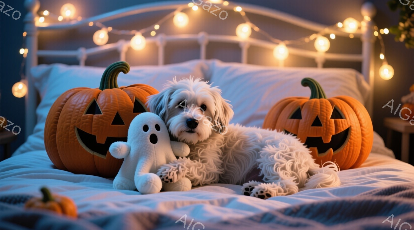 白い毛並みの犬が、ハロウィーンの飾りであるオレンジ色のカボチャと幽霊のぬいぐるみの間に横たわっています。犬はリラックスした表情で、ベッドの上に置かれた枕に寄りかかっています。背景には、オレンジ色の光が - AI生成フリー素材