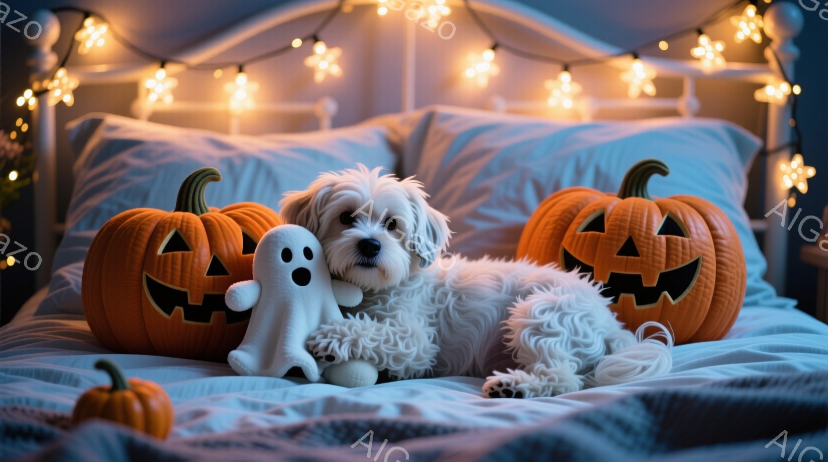 夜景を描いたもので、中心に小型犬が座っている。犬は白とブラウンのカールコートで覆われており、彼の表情は平和である。犬は頭を掴んで、左にあるハロウィンのパンプキン（スケアクロウ）と向き合っている。 画像の雰囲気は、ホラーのテーマを取り入れたようにハロウィンのスプリットであり、犬とスケアクロウの両方が軽やかで子ども向けなような雰囲気を持っている。