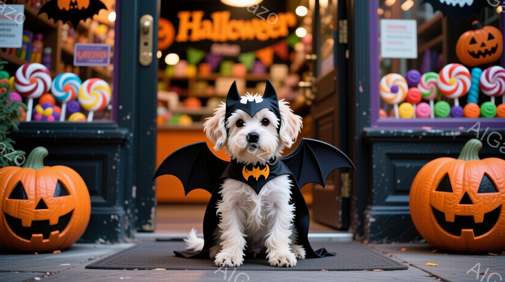 白い毛並みでふわふわとした小型犬が、ハロウィーンの蝙蝠のコスチュームを着て正面を向いています。黒い翼と首輪が特徴的で、少し緊張した表情でまっすぐ座っています。背景には、カラフルなキャンディで飾られたお店があり、両脇にジャック・オー・ランタンが置かれ、ハロウィーンらしい賑やかな雰囲気が漂っています。