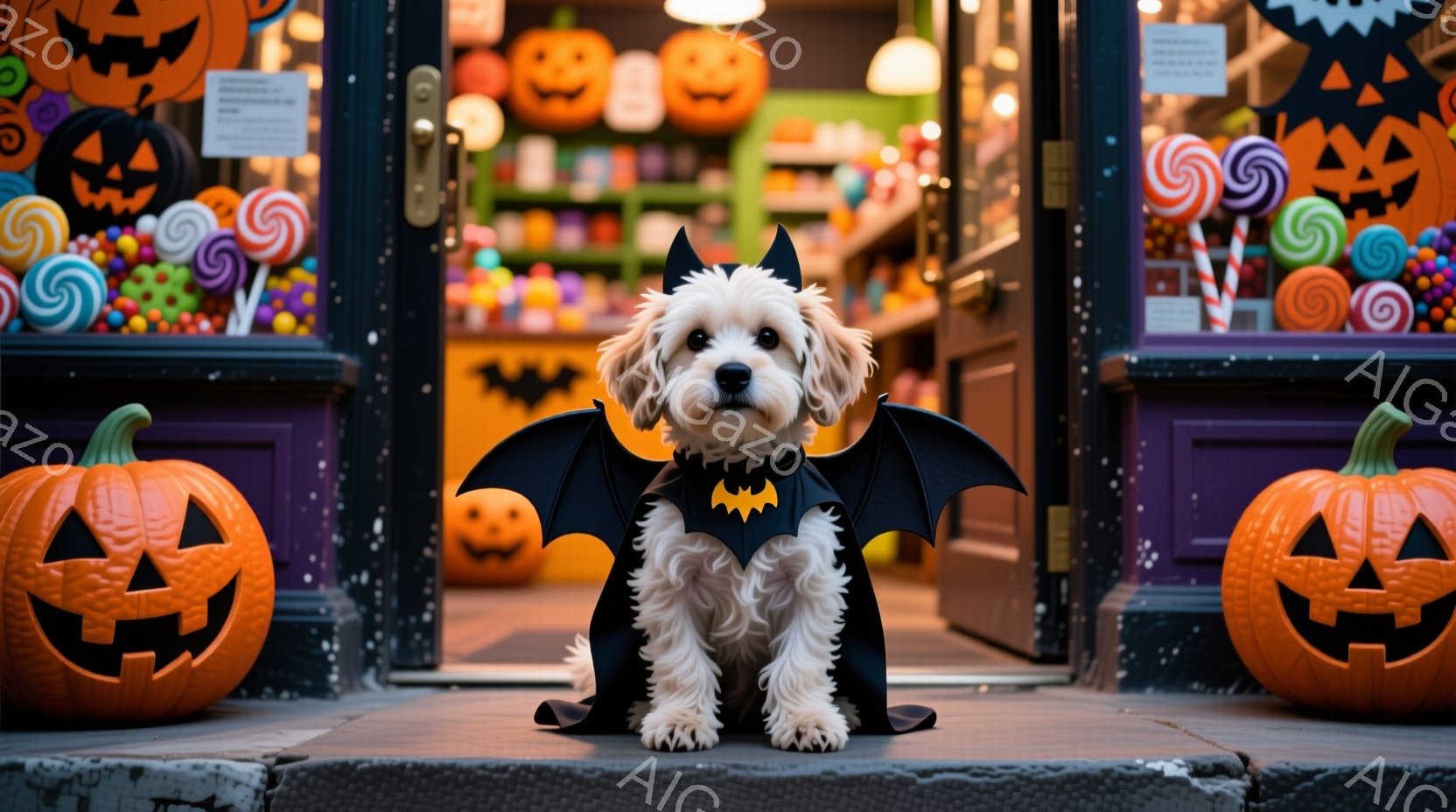 白い毛並みの小型犬が、ハロウィーンのバットの翼を付けたケープを着ています。犬は正面を向き、少し不安そうに見え、石畳の入り口に座っています。背景には、たくさんのハロウィーンの飾り、特にオレンジ色のジャッ - AI生成フリー素材