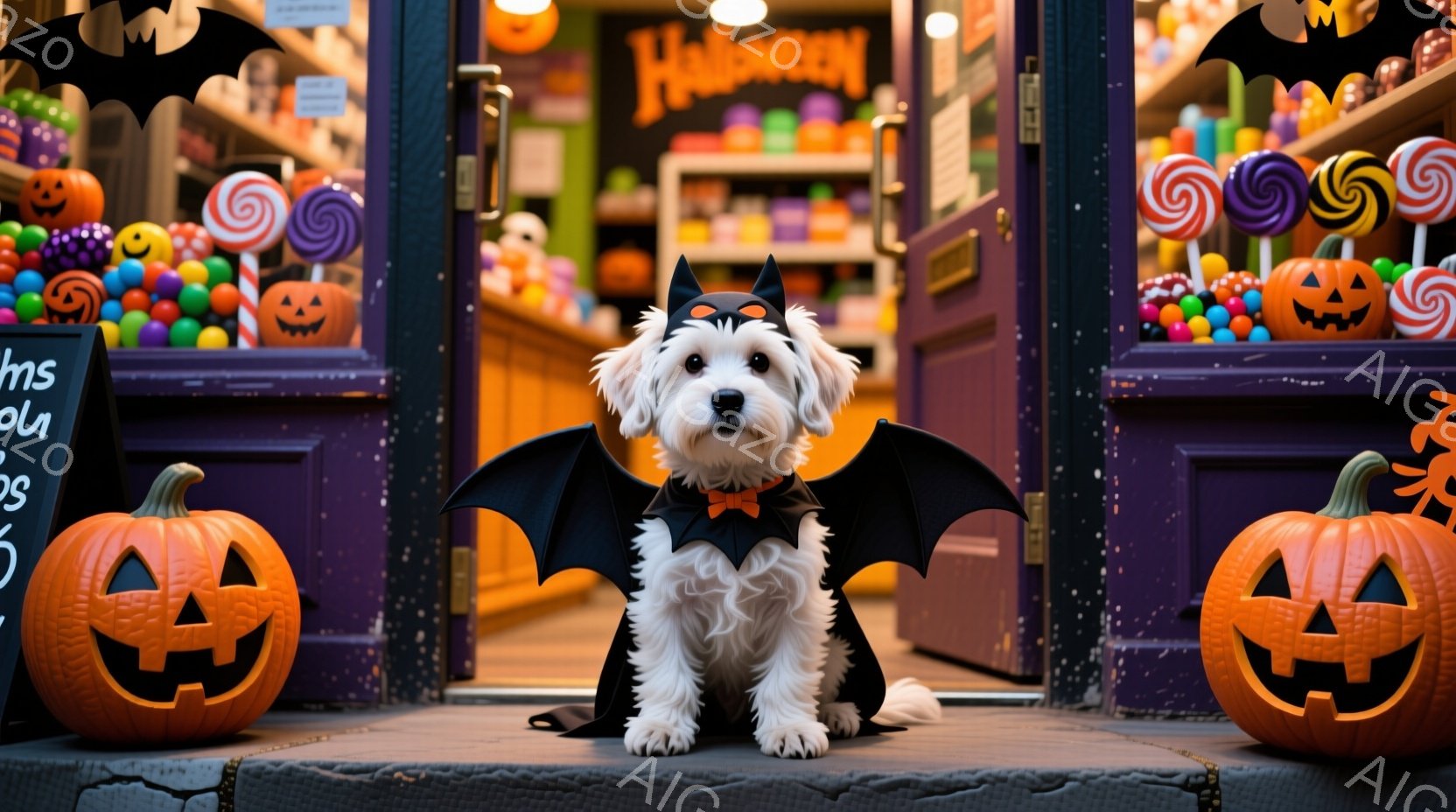 白くてふわふわした犬が、ハロウィーンのコスチュームである黒いコウモリの翼と赤い蝶ネクタイをつけて座っています。背景には、カラフルなお菓子で飾られた店先と、左右に配置されたジャック・オ・ランタンがあり、ハロウィーンの雰囲気を盛り上げています。石畳の道と店の装飾が、秋の温かく楽しい雰囲気を醸し出しています。