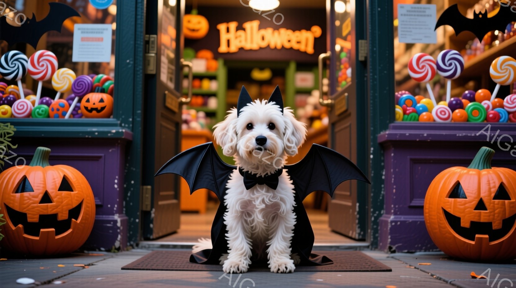 白い巻き毛の犬がハロウィーンの衣装を着て正面を向いて座っています。黒い翼と蝶ネクタイが可愛らしい印象を与え、どこか誇らしげな表情をしています。背景には、ハロウィーンの飾り付けがされたお店があり、オレン - AI生成フリー素材