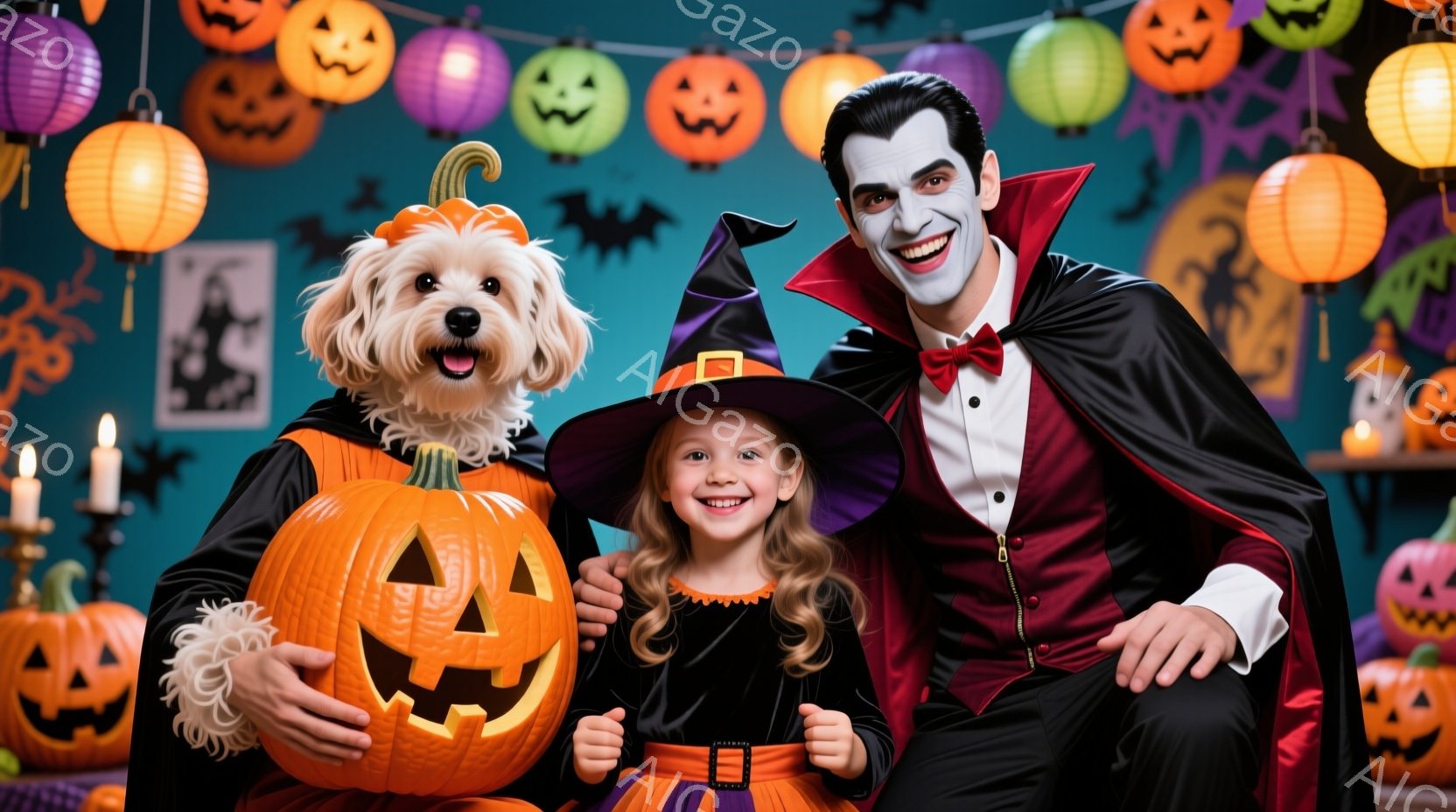 ハロウィーンの装飾が施された背景の前で、少女、犬、そして男性が写っています。少女は黒い魔女の衣装を着て、頭には魔女帽子をかぶり、大きなカボチャを抱えています。男性はドラキュラ風の衣装を着て、微笑んでい - AI生成フリー素材
