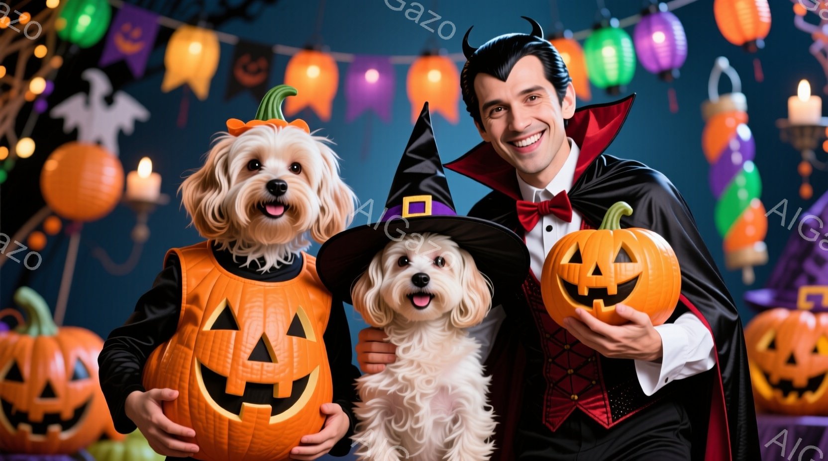 白い毛並みの小型犬2匹がそれぞれかぼちゃの衣装を着て、ハロウィーンの飾り付けられた背景の前でポーズをとっています。一人の男性はドラキュラの衣装を着て、犬たちと一緒にかぼちゃのランタンを持っています。背 - AI生成フリー素材