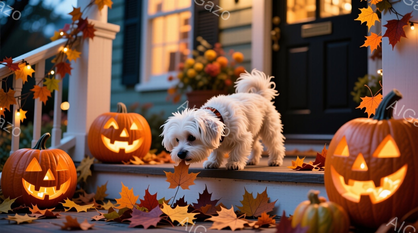 白い毛並みの小型犬が、ハロウィーンの飾り付けがされた玄関の階段を歩いています。オレンジ色のカボチャのランタンと、落ち葉が階段に散らばり、秋の温かく、お祝いムードを演出しています。背景には薄暗い建物が見 - AI生成フリー素材