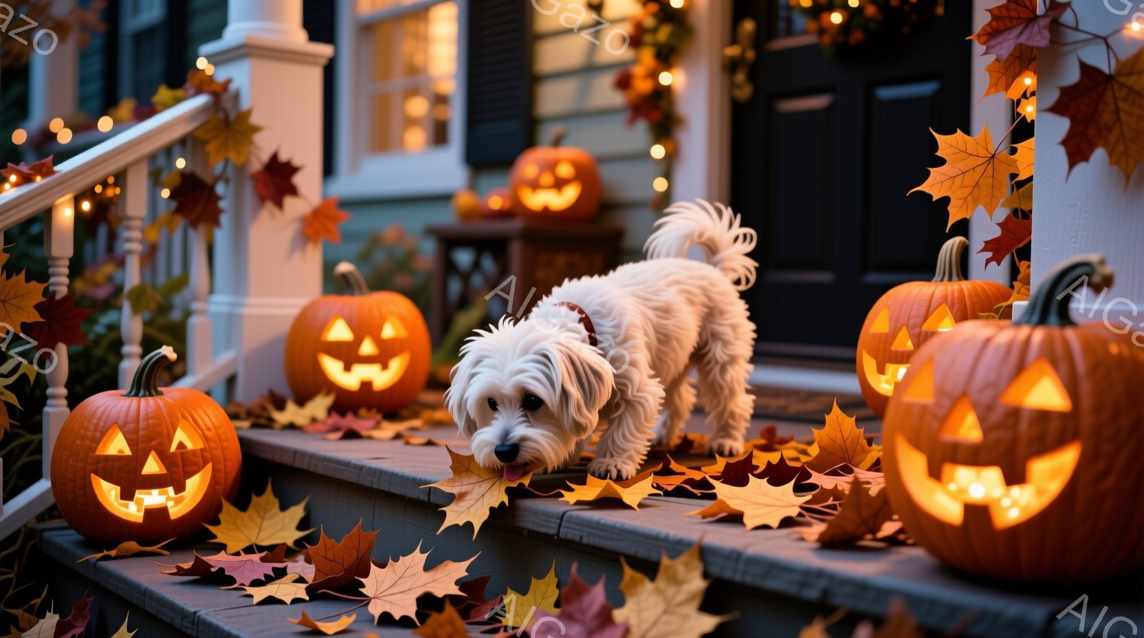 白い毛並みの犬が、ハロウィーンの飾りが施された家の階段で前に進んでいます。周りにはカボチャのランタンと落ち葉が散らばり、秋の温かく穏やかな雰囲気を醸し出しています。家の背景には、温かい光が灯り、秋の夜 - AI生成フリー素材
