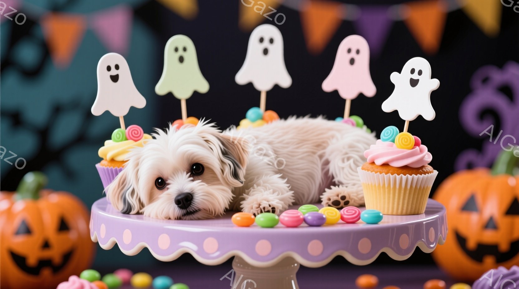 「ハロウィン」をテーマにしたもので、中心に白いマルチーズ（三色）の犬が座っています。その周りには、幽霊や落書き風のハロウィン装飾が散らばっており、全体として楽しくスパイキーな雰囲気があります。犬は手当たり次第に仕事を避けるように見えています。