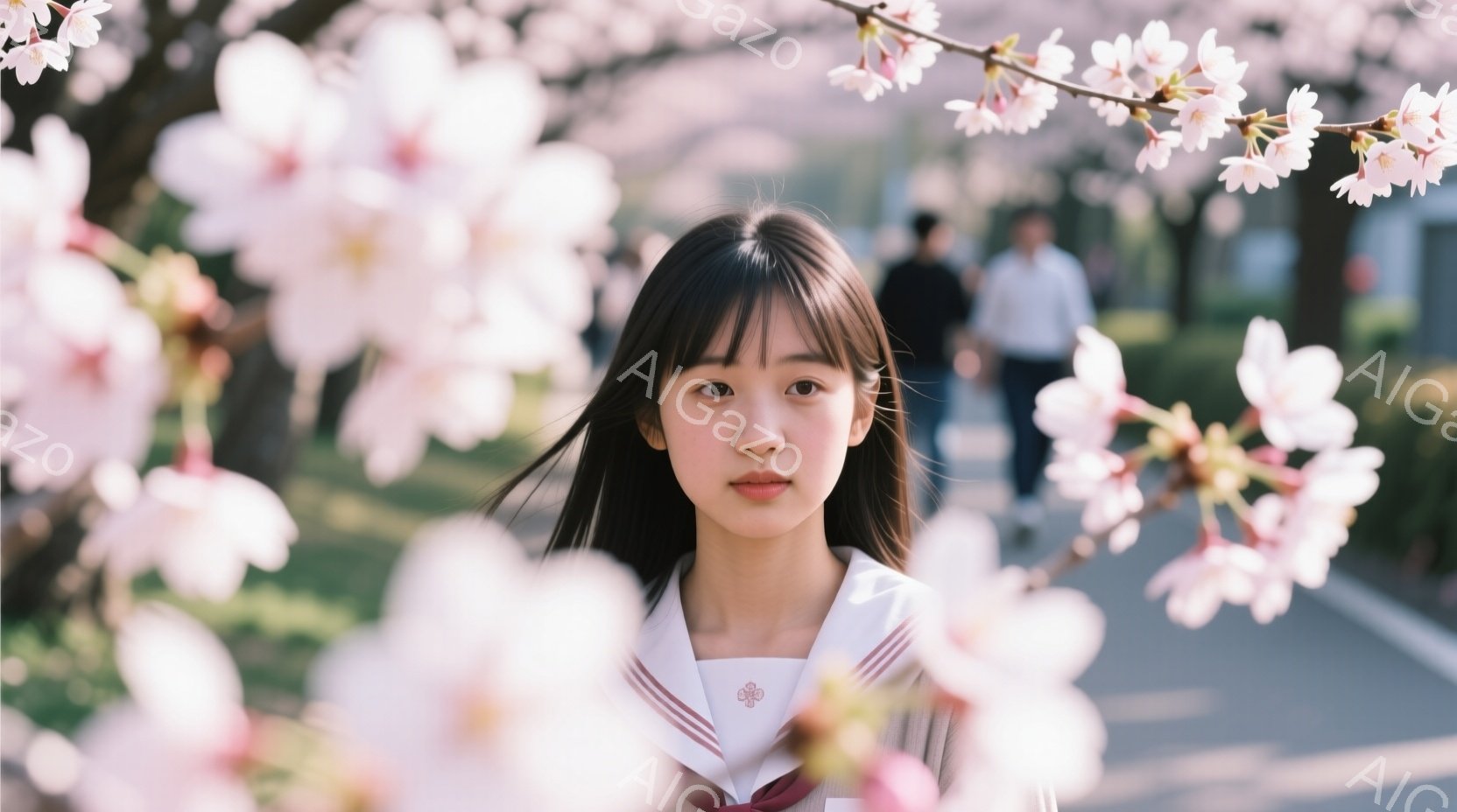 黒髪のストレートヘアを肩まで伸ばした若い女性が、白いセーラー服を着て正面を見つめています。彼女は少し微笑んでおり、背景には桜並木がぼやけて見え、春の穏やかな雰囲気を醸し出しています。歩道には数人の人が - AI生成フリー素材