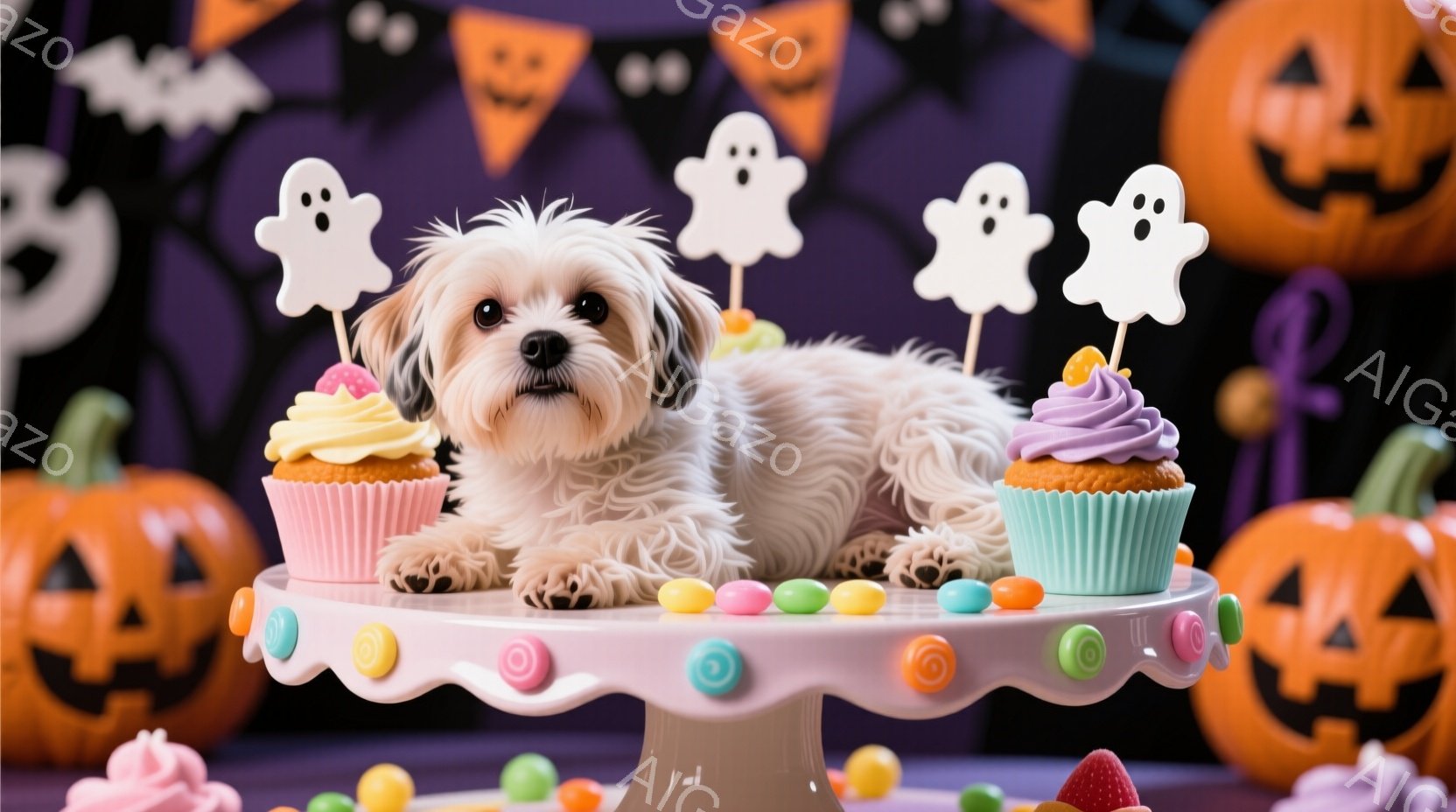 白い毛並みの小型犬が、ピンク色のケーキスタンドの上に横たわっています。ケーキやキャンディ、イチゴが飾られたスタンドの周りには、ハロウィーンの飾り付けであるカボチャやお化けが配置されています。全体的に明るく可愛らしい、お菓子のテーマのハロウィーンの雰囲気です。