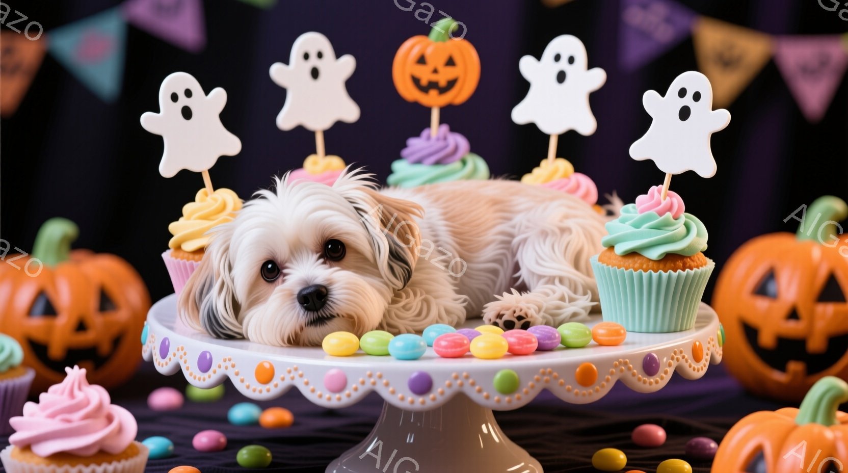 白い毛並みの小型犬が、ハロウィーンをテーマにしたケーキスタンドの上に横たわっています。ケーキスタンドには、カラフルなアイシングがかかったカップケーキと、ハロウィーンの飾り（お化けやカボチャ）が飾られています。背景は暗い色で、お祭り気分を盛り上げる華やかな雰囲気です。