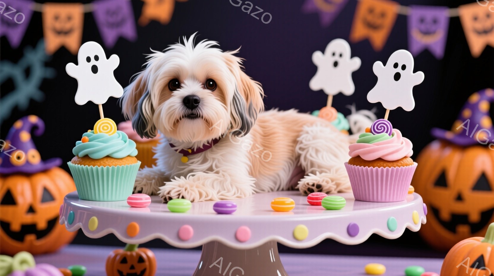 ふわふわのクリーム色の毛並みを持つ小型犬が、ピンク色のケーキスタンドの上に座っています。ハロウィーンの飾り付けであるカボチャのランタンや幽霊の形のピック、カラフルなキャンディーが周囲に配置され、お祝いムードを演出しています。犬は少し緊張した表情でカメラを見つめ、まるでハロウィーンパーティーの主役のようです。
