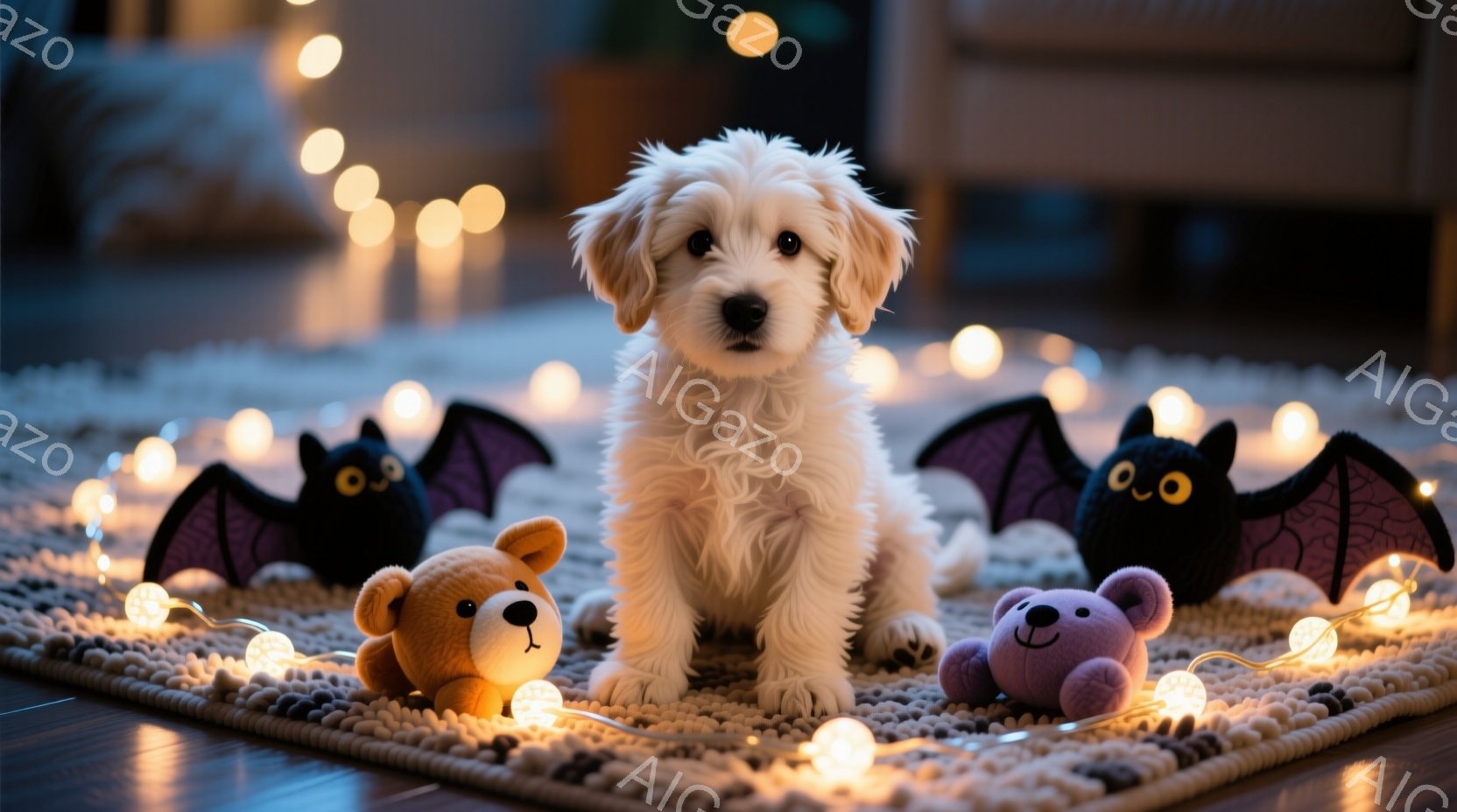 白い毛並みの小さな犬が、黒いコウモリのぬいぐるみの両脇に座っている。犬は正面を向いており、少し緊張した表情をしているが、全体的に愛らしい印象を与える。背景には、木目調の床と黒い敷物、そして電飾の光が散 - AI生成フリー素材