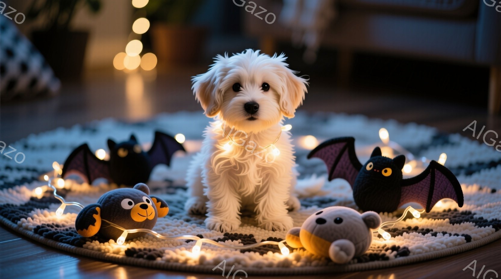 白いモコモコの犬が、黒と白の円形のラグの上にちょこんと座っています。周りにはハロウィーンを連想させる黒いコウモリやカボチャのぬいぐるみと、暖色系のイルミネーションライトが散りばめられています。全体的に暖かく、可愛らしい雰囲気で、ハロウィーンの飾り付けが施された室内が窺えます。