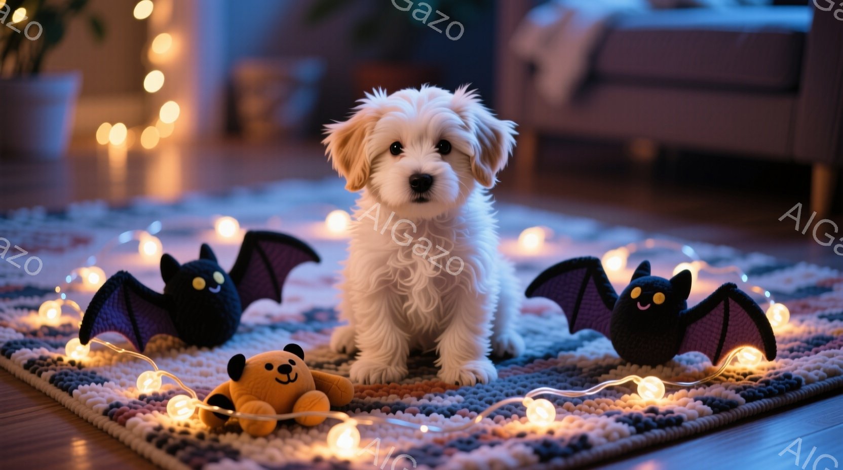 白いふわふわの犬が、ハロウィーンを思わせる装飾が施された床に座っています。黒いコウモリの装飾とオレンジ色の犬のおもちゃに囲まれ、明るいストリングライトが温かい光を放っています。背景はぼやけていますが、 - AI生成フリー素材