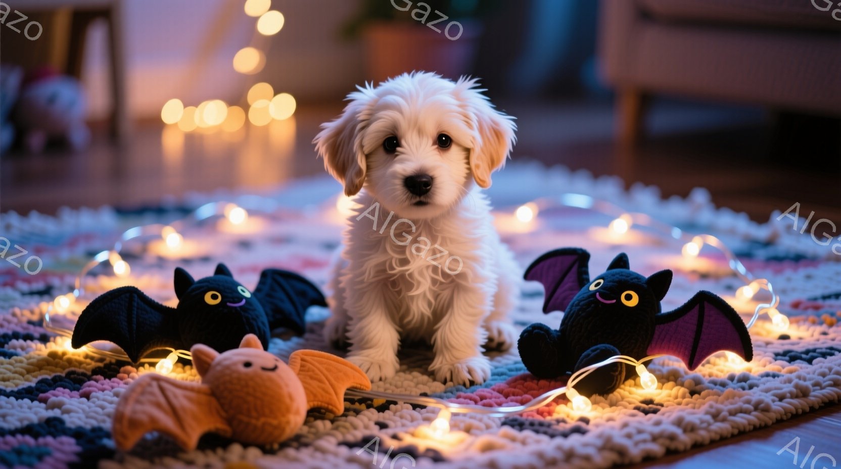 白いふわふわの犬が、ハロウィーンをテーマにしたおもちゃに囲まれて絨毯の上に座っています。周りにはオレンジ色の光が灯った電飾が散りばめられており、背景にはぼやけた家具が見えます。全体的に暖かく、可愛らし - AI生成フリー素材