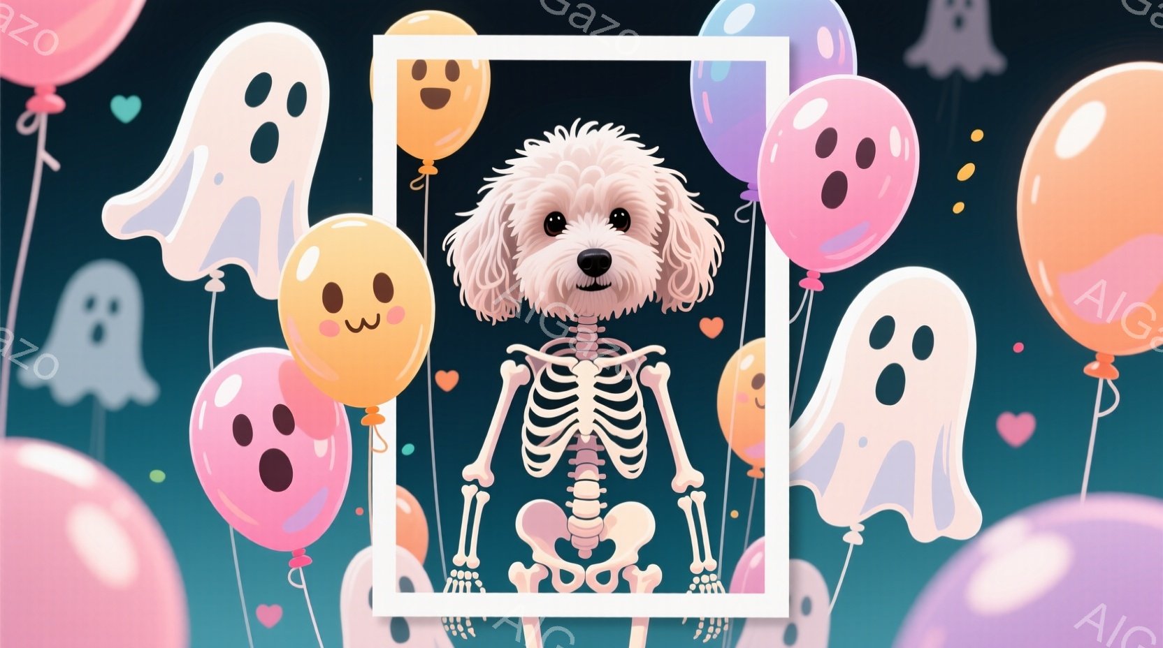 白い巻き毛の犬が、ハロウィーンの骸骨の衣装を着て立っています。背景には、パステルカラーの幽霊と、顔の描かれた風船が浮かび、お祝いの雰囲気です。全体的に、可愛らしく遊び心のあるハロウィーンのイメージが表 - AI生成フリー素材