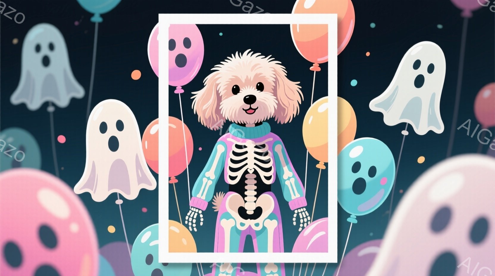白いふわふわの巻き毛の犬が、ハロウィーンらしい骸骨の衣装を着て立っています。背景には、パステルカラーの風船と、おばけの形をした幽霊が浮かんでおり、全体的に明るく楽しい雰囲気です。犬は少し微笑んでいるよ - AI生成フリー素材