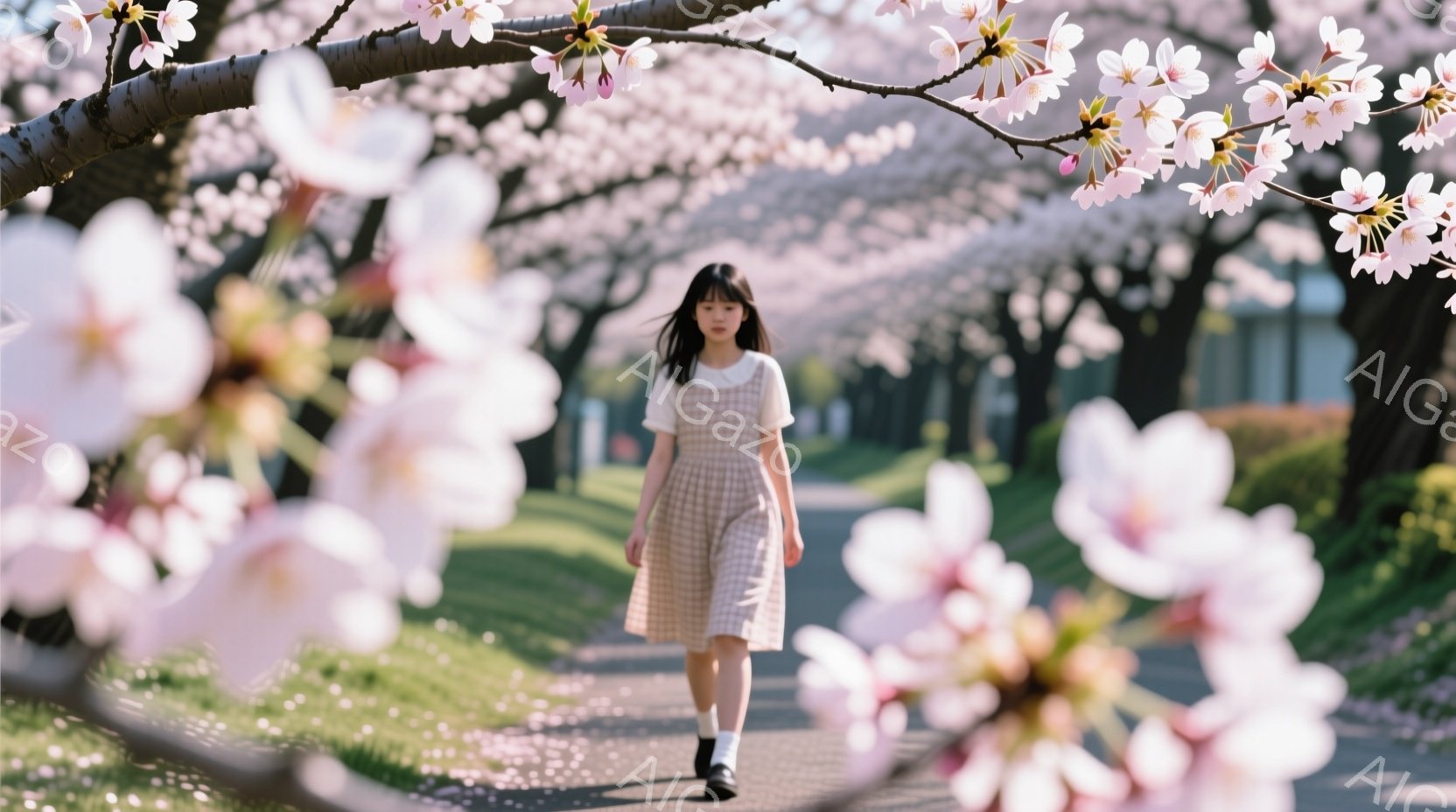 少女は、淡いベージュ色のワンピースと白い靴下を履き、桜並木の中を歩いている。黒髪のボブスタイルで、少し微笑んでいるように見える。背景には緑の芝生とぼんやりとした建物があり、桜の花びらが舞い散る春の穏や - AI生成フリー素材