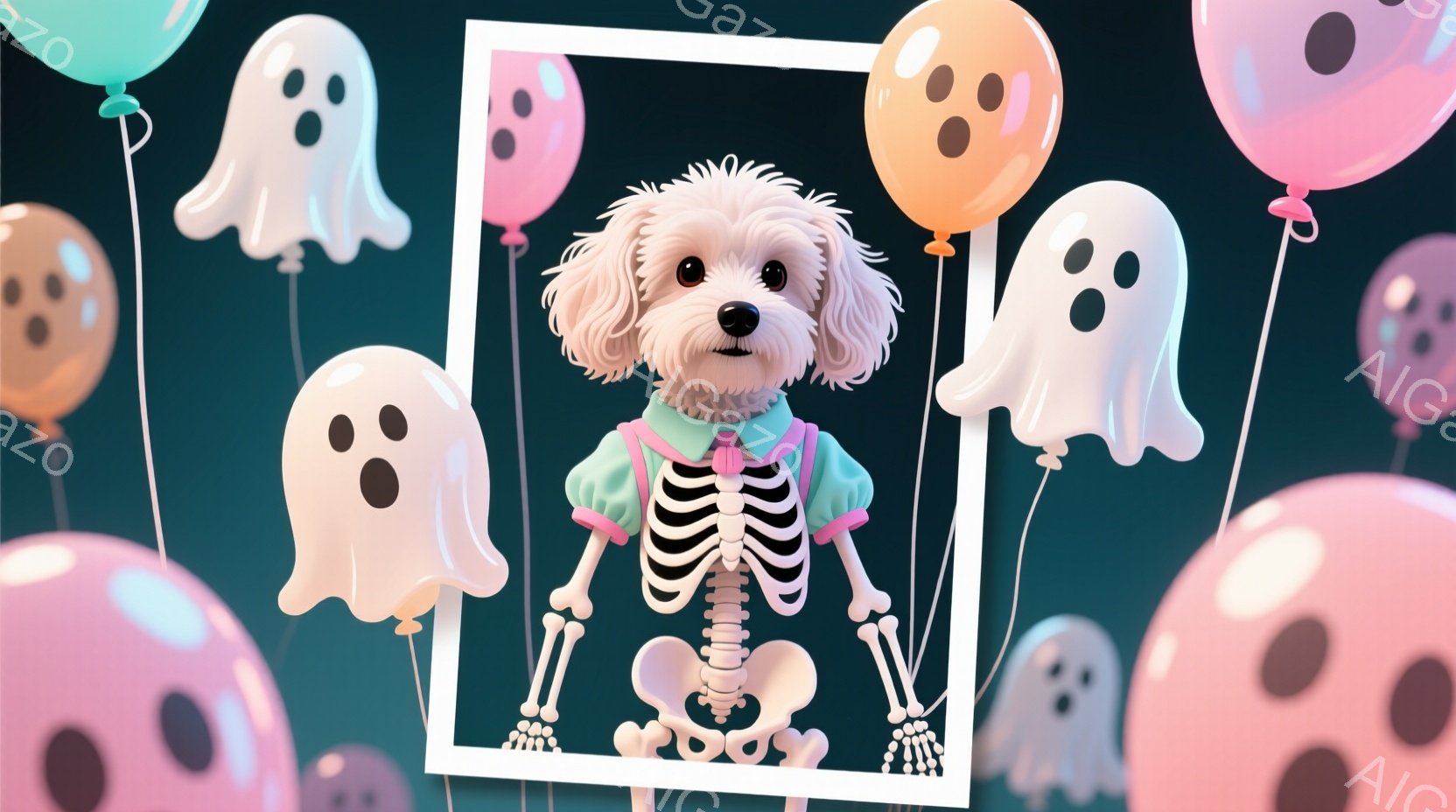 白い巻き毛の犬が、ハロウィーンをテーマにした衣装を着ています。緑色のフリル付きの襟と袖を持つ衣装の上から、骸骨のプリントが施されており、可愛らしいながらも少し不気味な雰囲気を醸し出しています。背景には - AI生成フリー素材