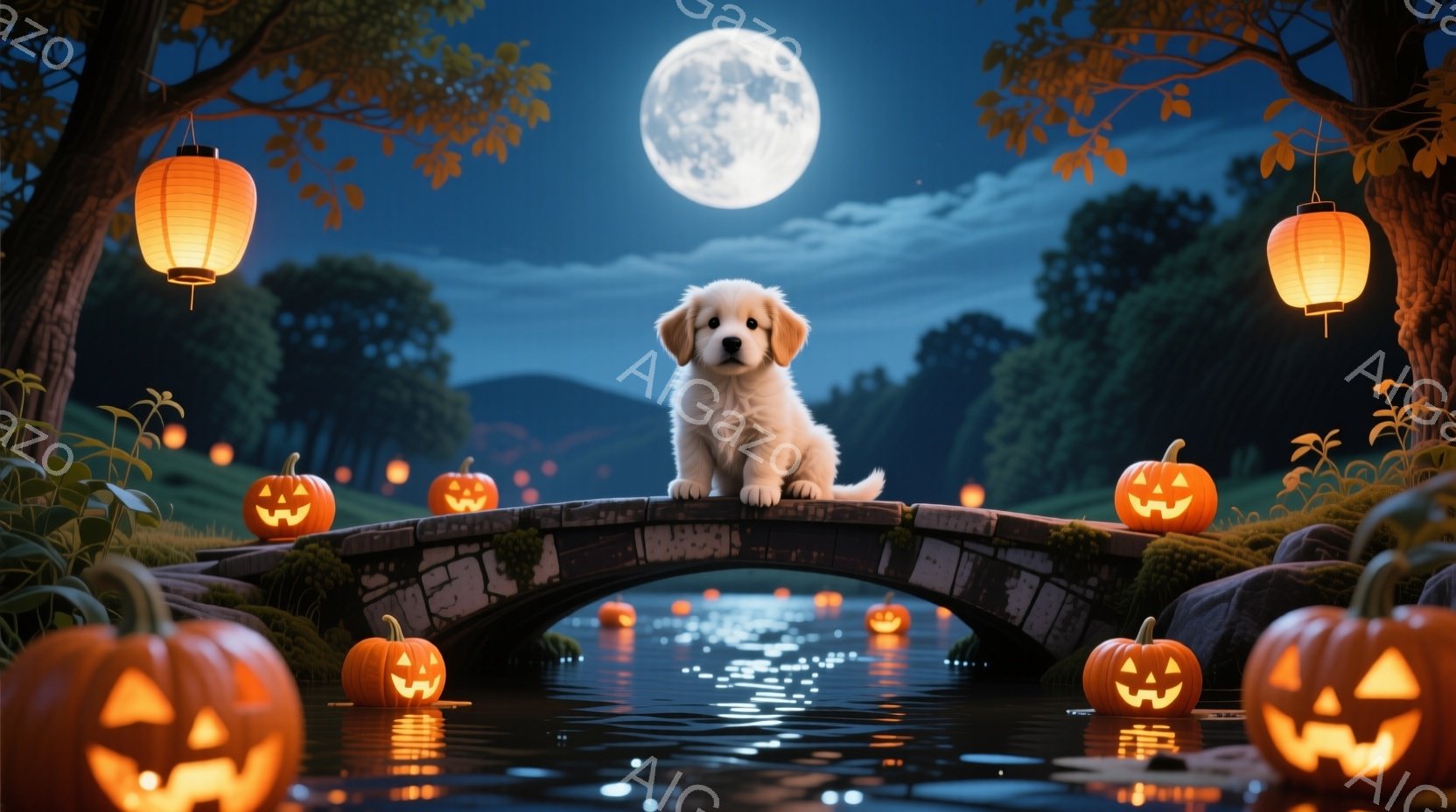小さな白い子犬が、ハロウィーンの装飾がされた石橋の上に座っています。橋の下には水が流れ、周囲には光るカボチャが配置され、夜空には満月が輝いています。全体的に、神秘的で幻想的な秋の夜の雰囲気が漂っていま - AI生成フリー素材