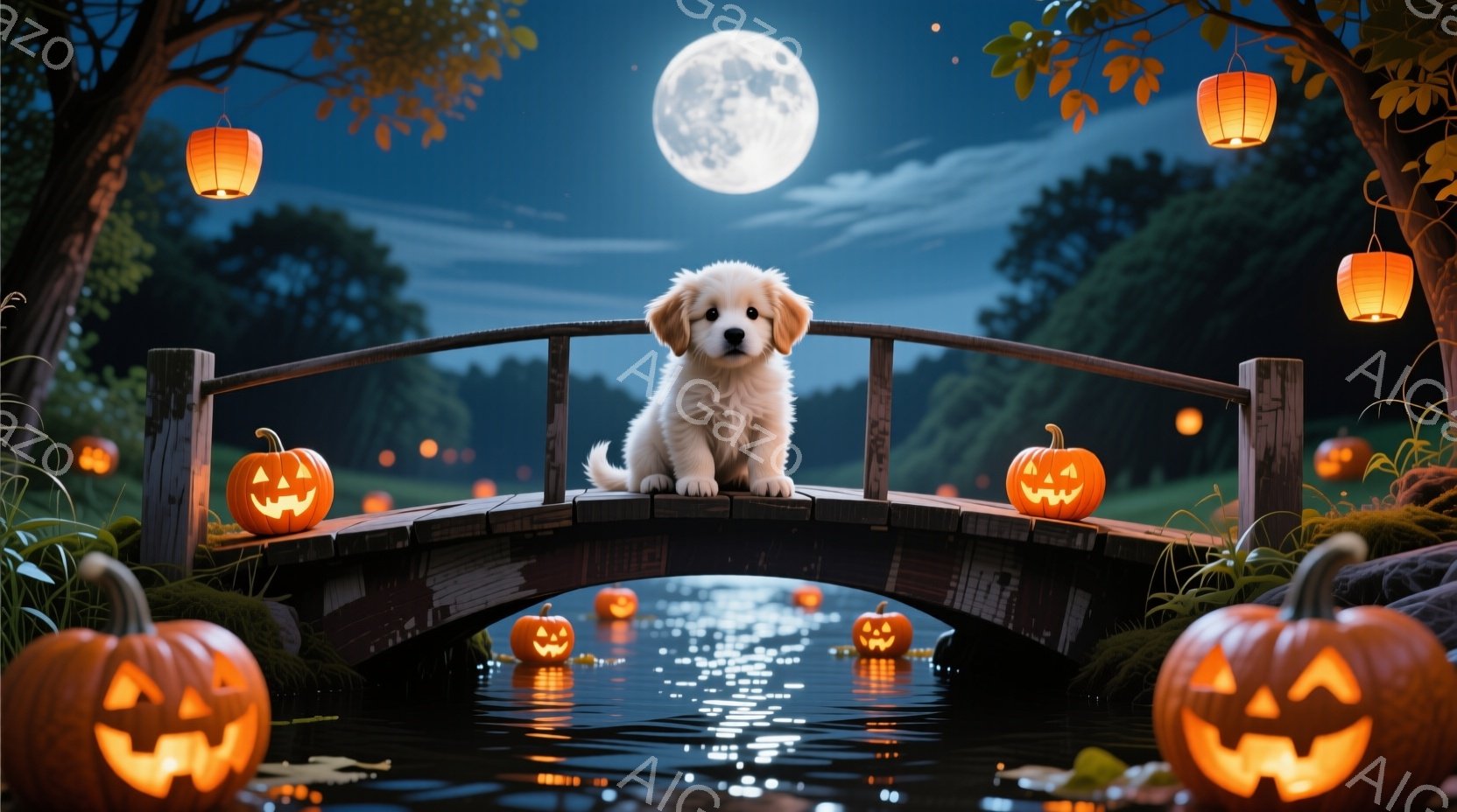 小さな子犬が、ハロウィーンの装飾が施された古い木製の橋の上に座っています。周りには、水の漂う光と、さまざまな大きさのジャック・オ・ランタンが置かれ、背景には暗い森と満月が広がっています。全体的に、幻想 - AI生成フリー素材