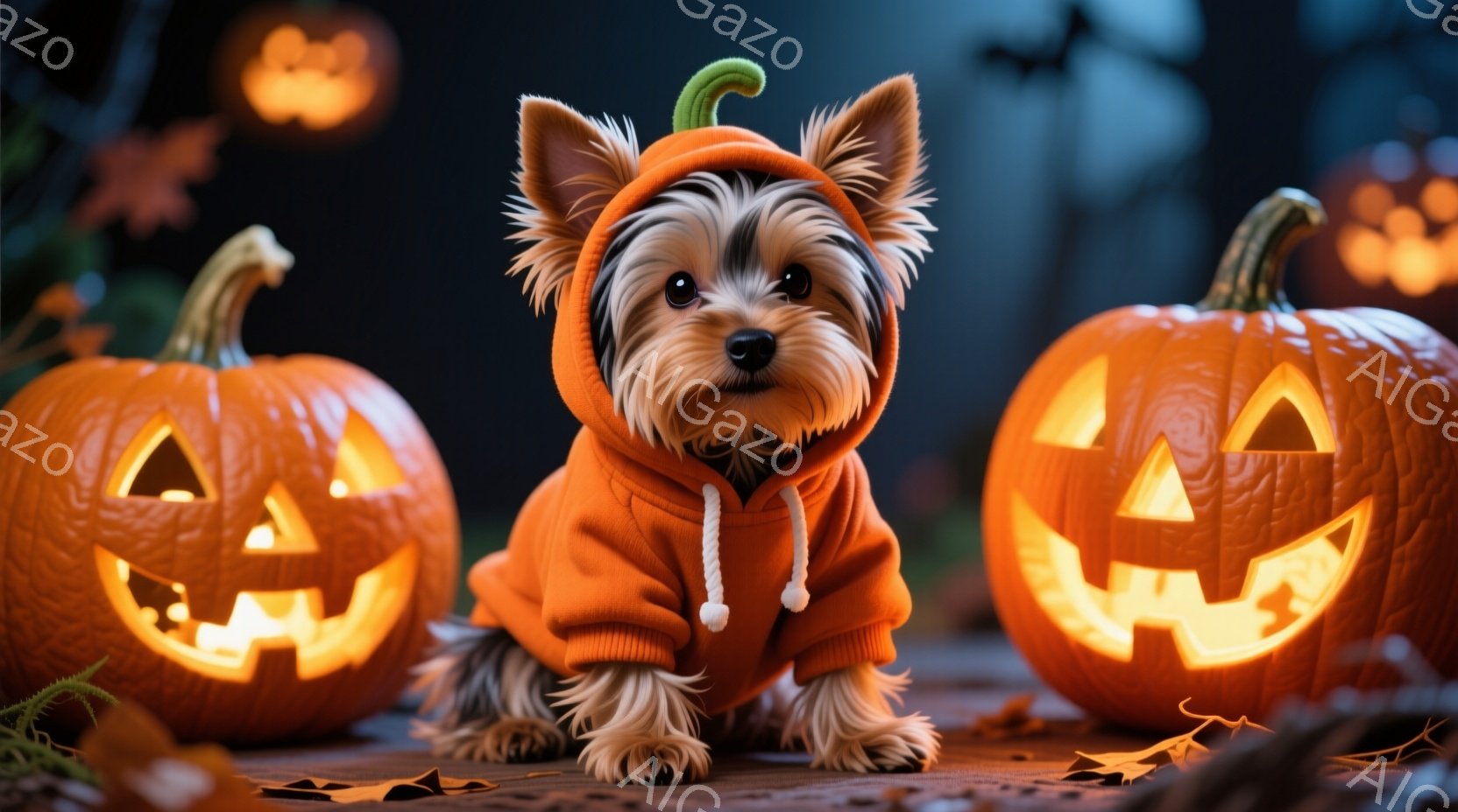 ヨークシャーテリアの子犬が、かぼちゃの形をしたオレンジ色のパーカーを着て、木製の床の上に座っています。周りには、くり抜かれて光るジャック・オー・ランタンが置かれ、背景にはぼんやりと夜空と他の光るカボチ - AI生成フリー素材