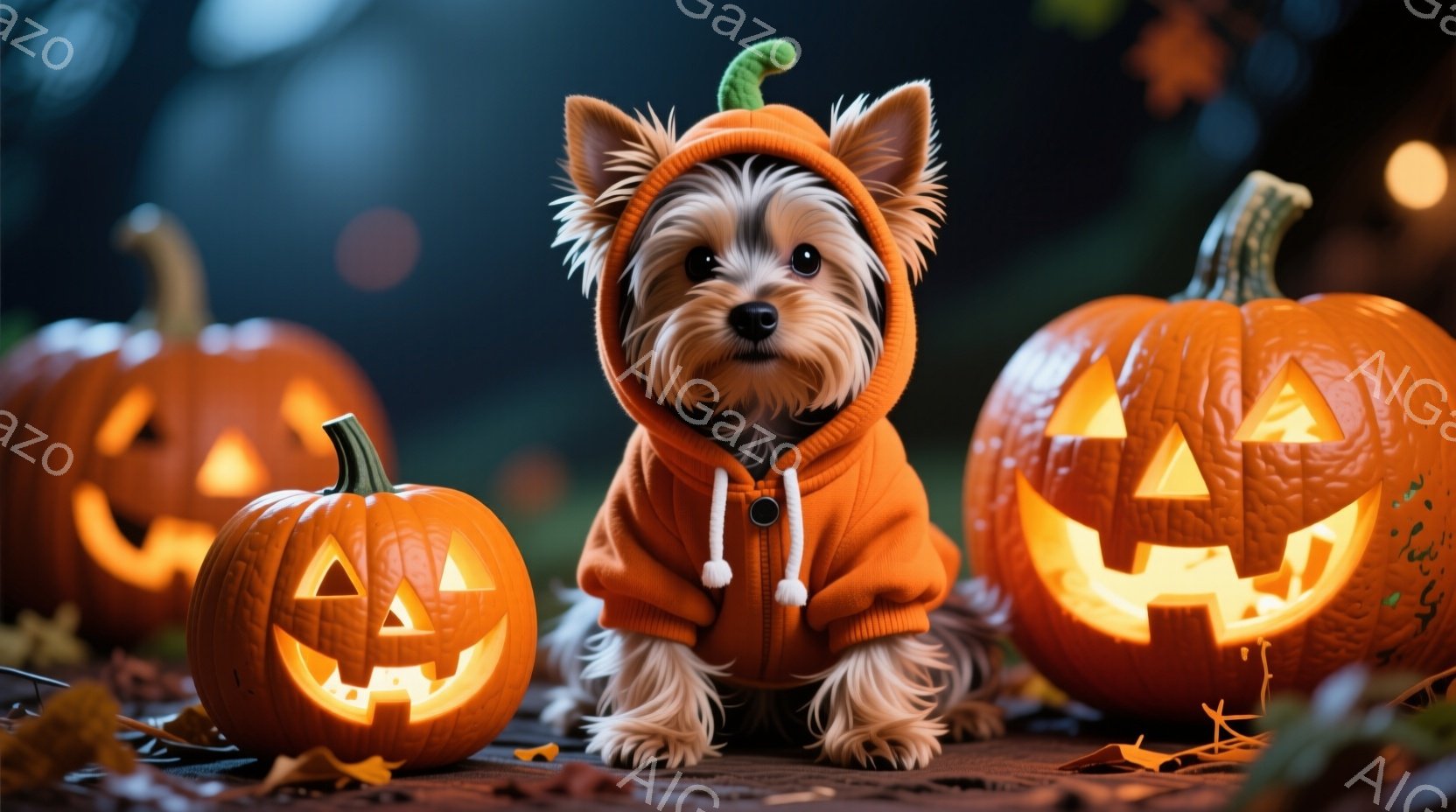 柔らかい毛並みのヨークシャーテリアが、ハロウィーンを思わせるオレンジ色のパーカーを着ています。犬は前に前足を伸ばし、少し上目遣いでカメラを見ており、その表情は可愛らしいです。背景にはジャック・オー・ラ - AI生成フリー素材