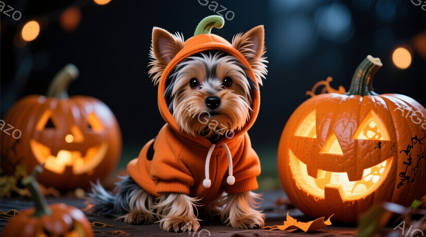 長い毛並みのヨークシャーテリアが、オレンジ色のパーカーを着て座っています。ハロウィーンの背景には、様々な大きさのジャック・オ・ランタンが配置され、暖かく幻想的な雰囲気を醸し出しています。背景は暗く、ぼんやりとした光がハロウィーンの夜の神秘的な雰囲気を強調しています。