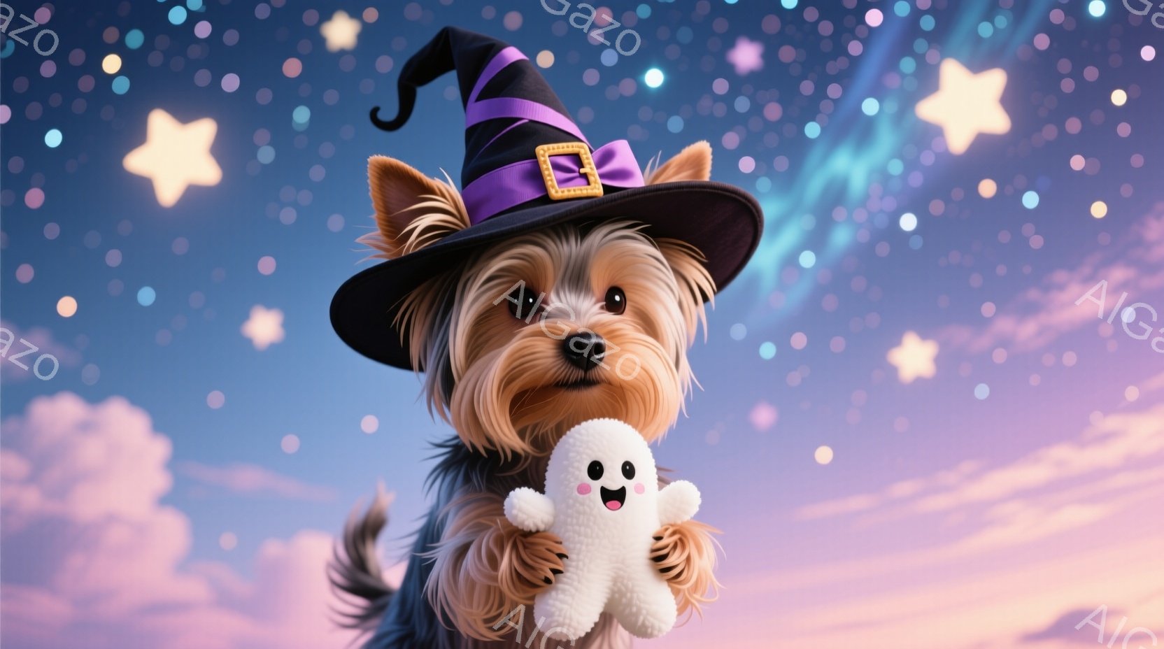 長い毛並みのヨークシャーテリアが、ハロウィーンらしい黒い帽子をかぶり、白いお化けのぬいぐるみを抱えています。犬はカメラに向かって微笑んでおり、その表情はとても愛らしく、陽気です。背景は、紫とピンクが混 - AI生成フリー素材